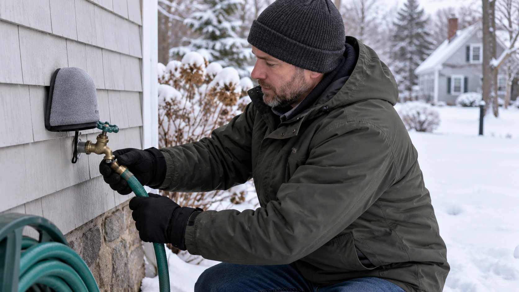 Homeowner disconnecting garden hose from outdoor faucet before winter