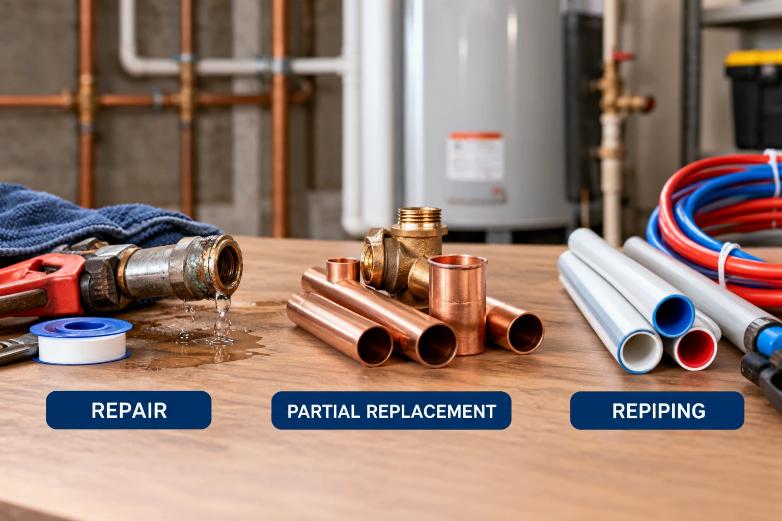 Comparison of pipe repair partial replacement and repiping materials on a workbench