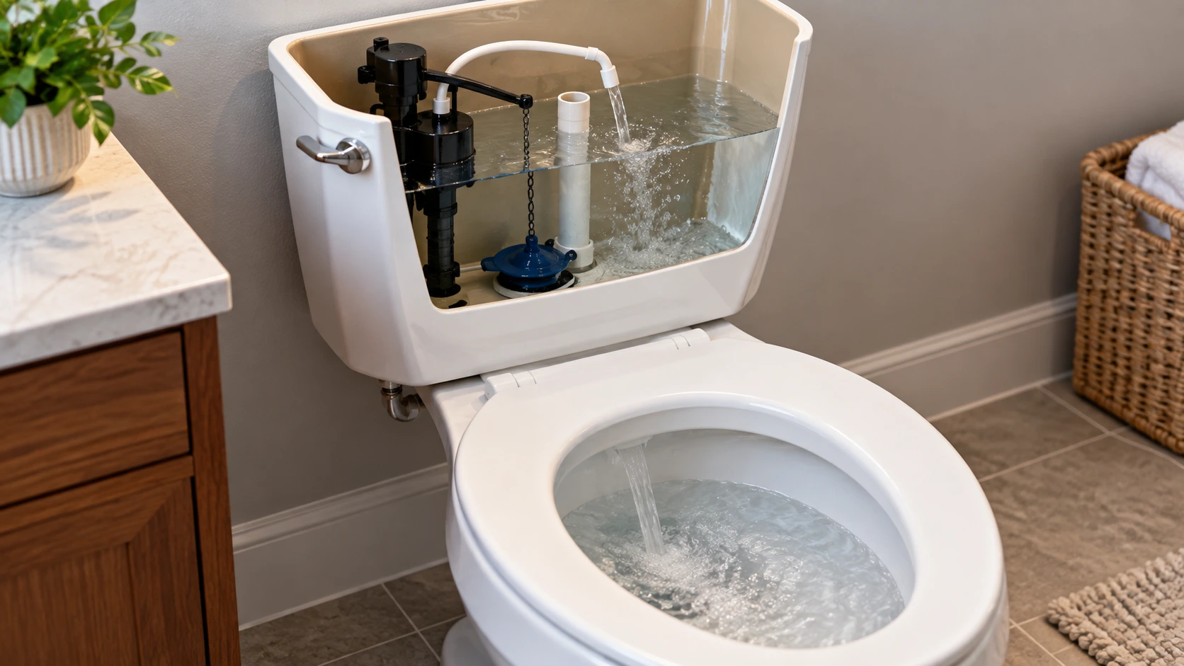 Running toilet with open tank wasting water