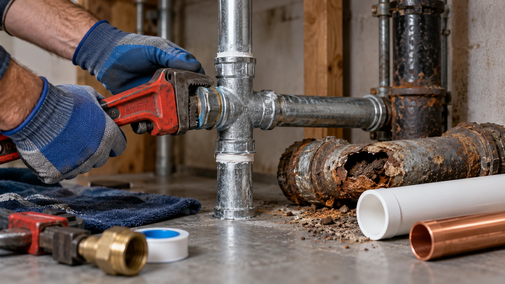 Plumber repairing old damaged pipes during plumbing replacement work