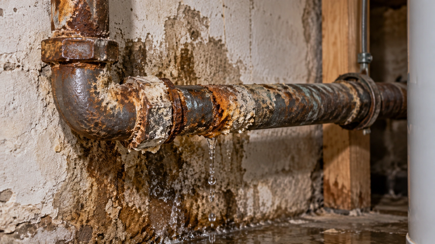Rusted leaking plumbing pipe showing signs of failure and replacement needs