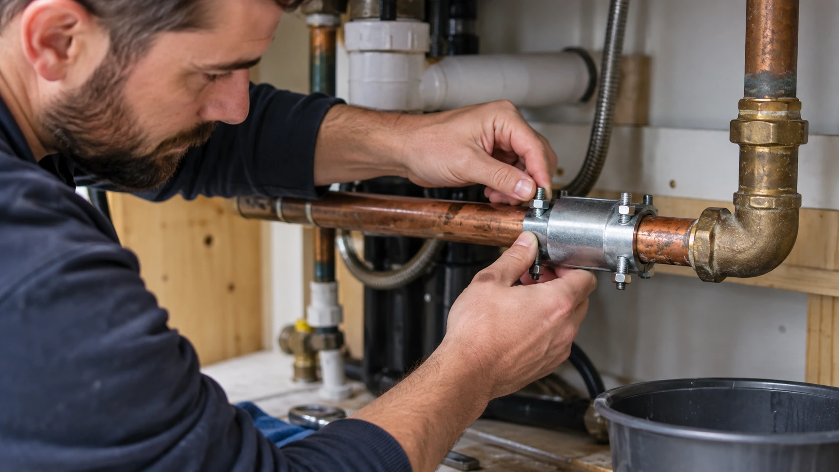 Person applying a temporary repair clamp to a damaged copper pipe
