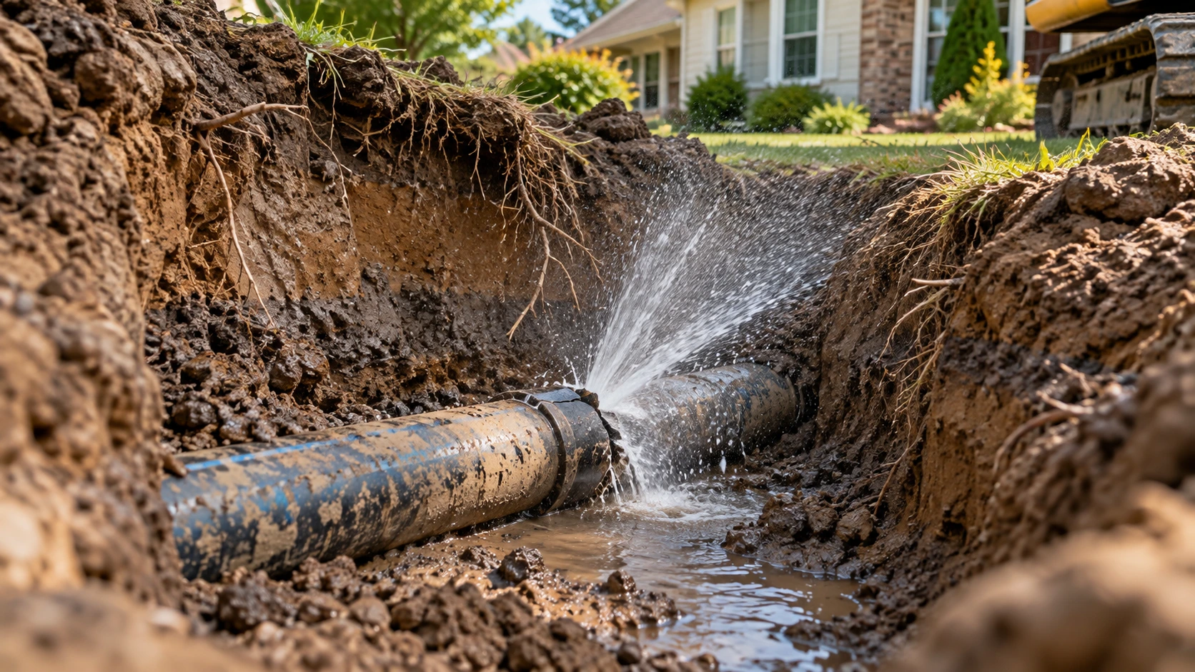 Underground water line leaking in a trench near a home