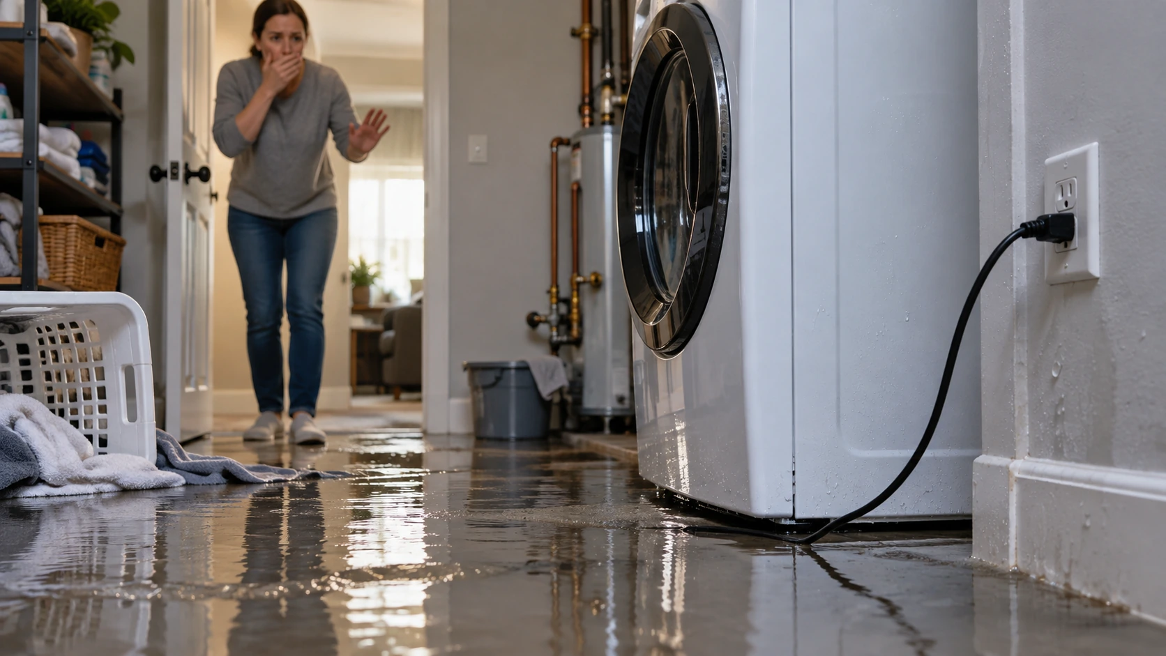 Flooded laundry room with standing water near an electrical outlet and appliance cord