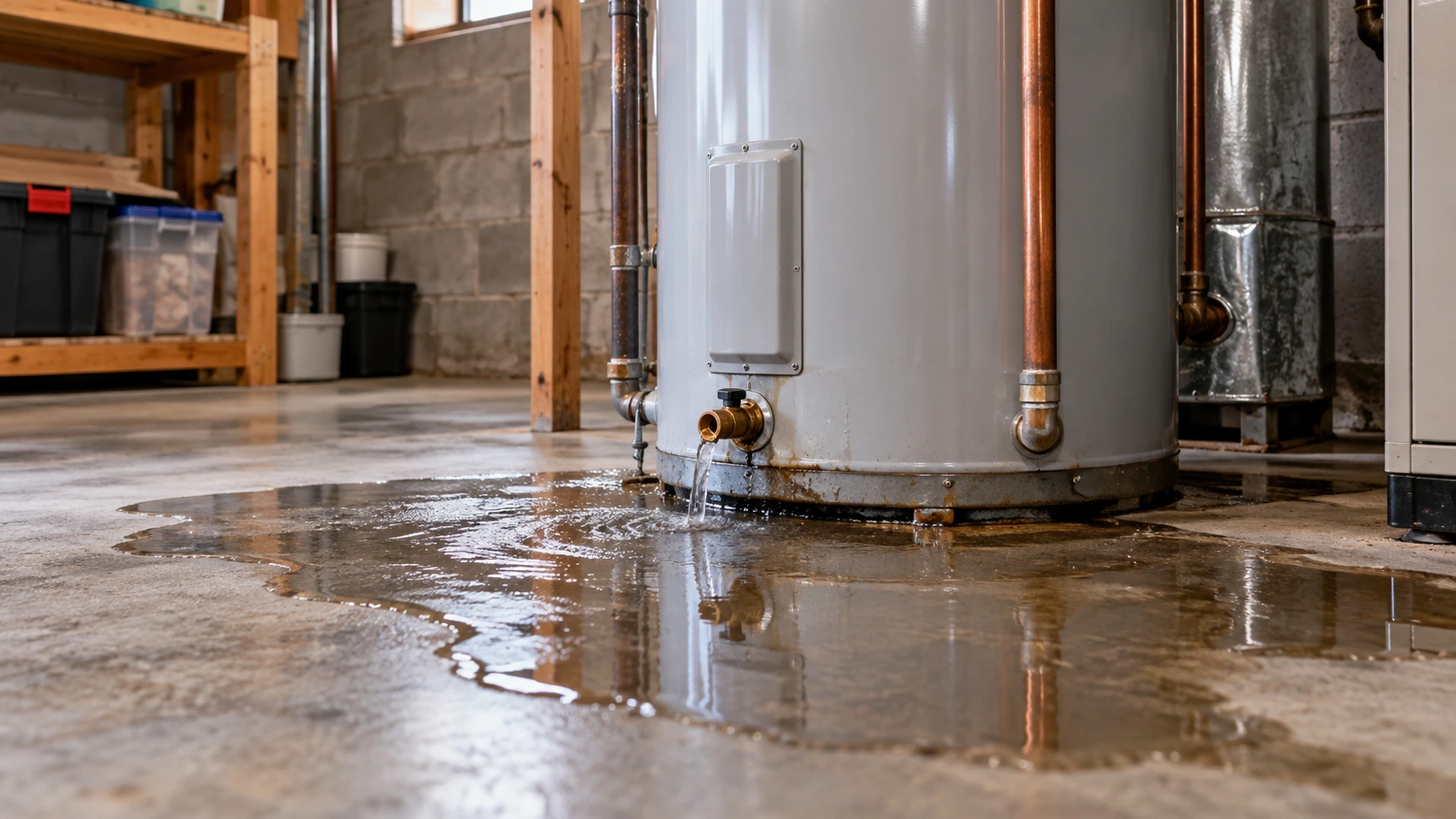 Leaking water heater in a basement utility room