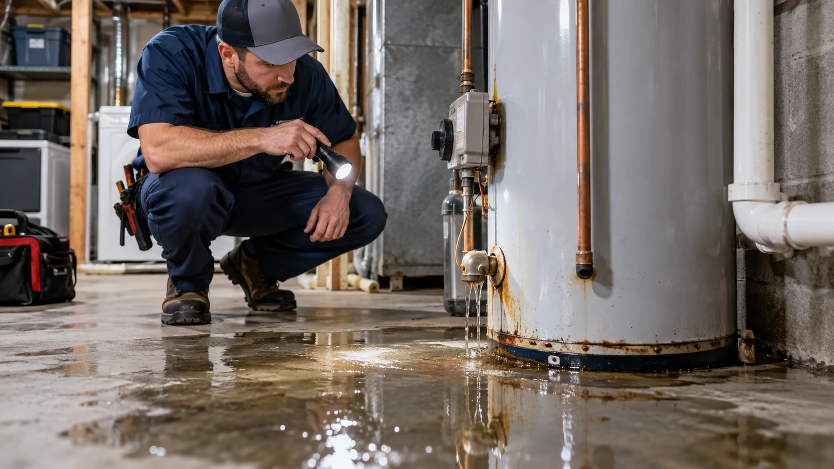 Plumber inspecting a leaking water heater with water pooling on the floor
