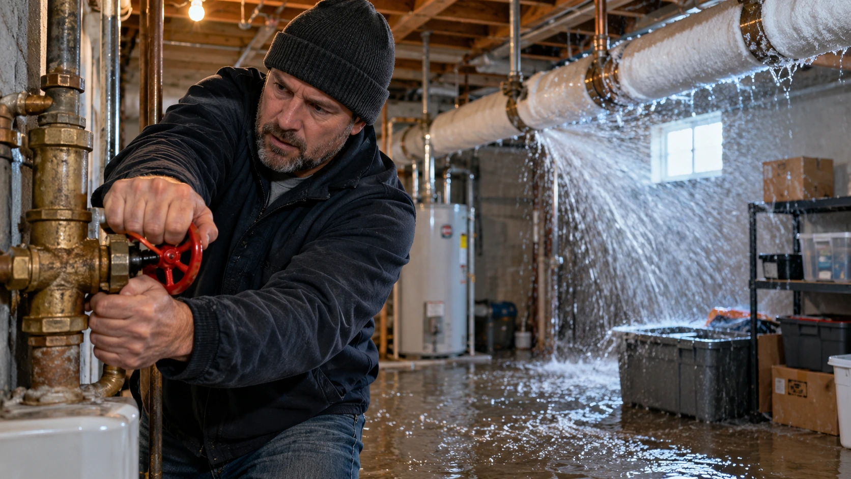Homeowner shutting off water valve after frozen pipe bursts in basement