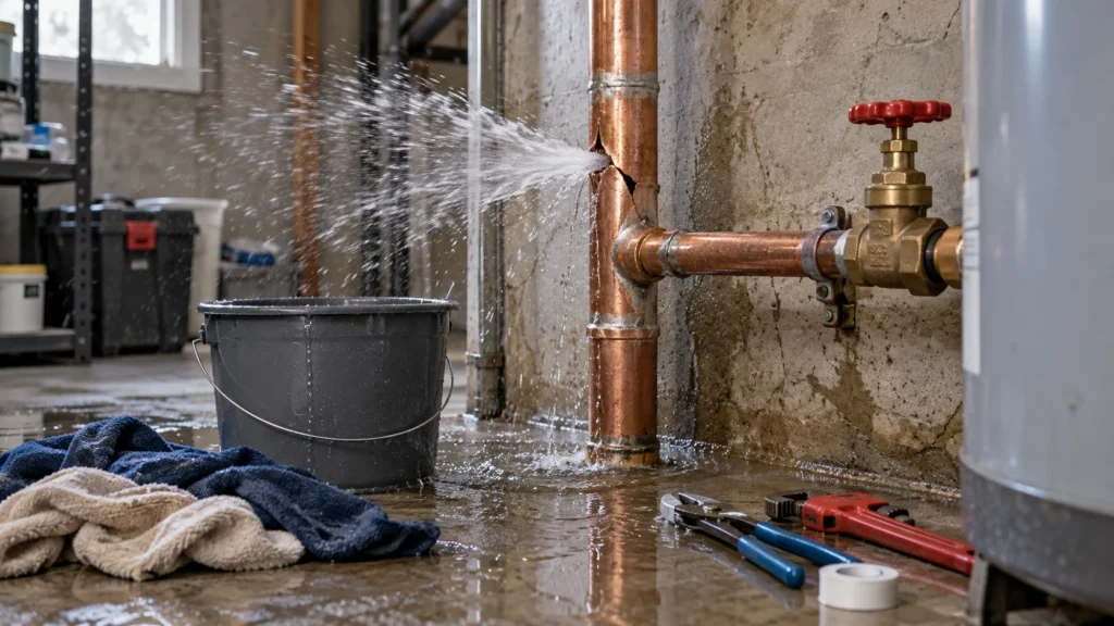 Burst copper pipe spraying water in a home basement during a plumbing emergency