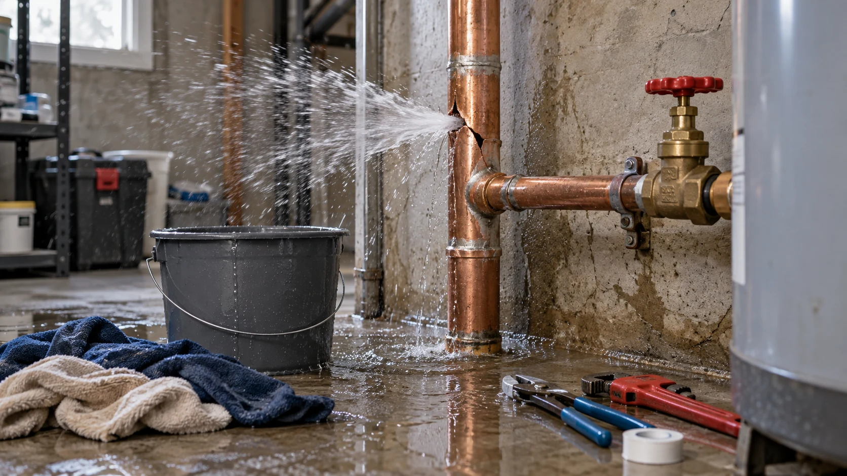 Burst copper pipe spraying water in a home basement during a plumbing emergency