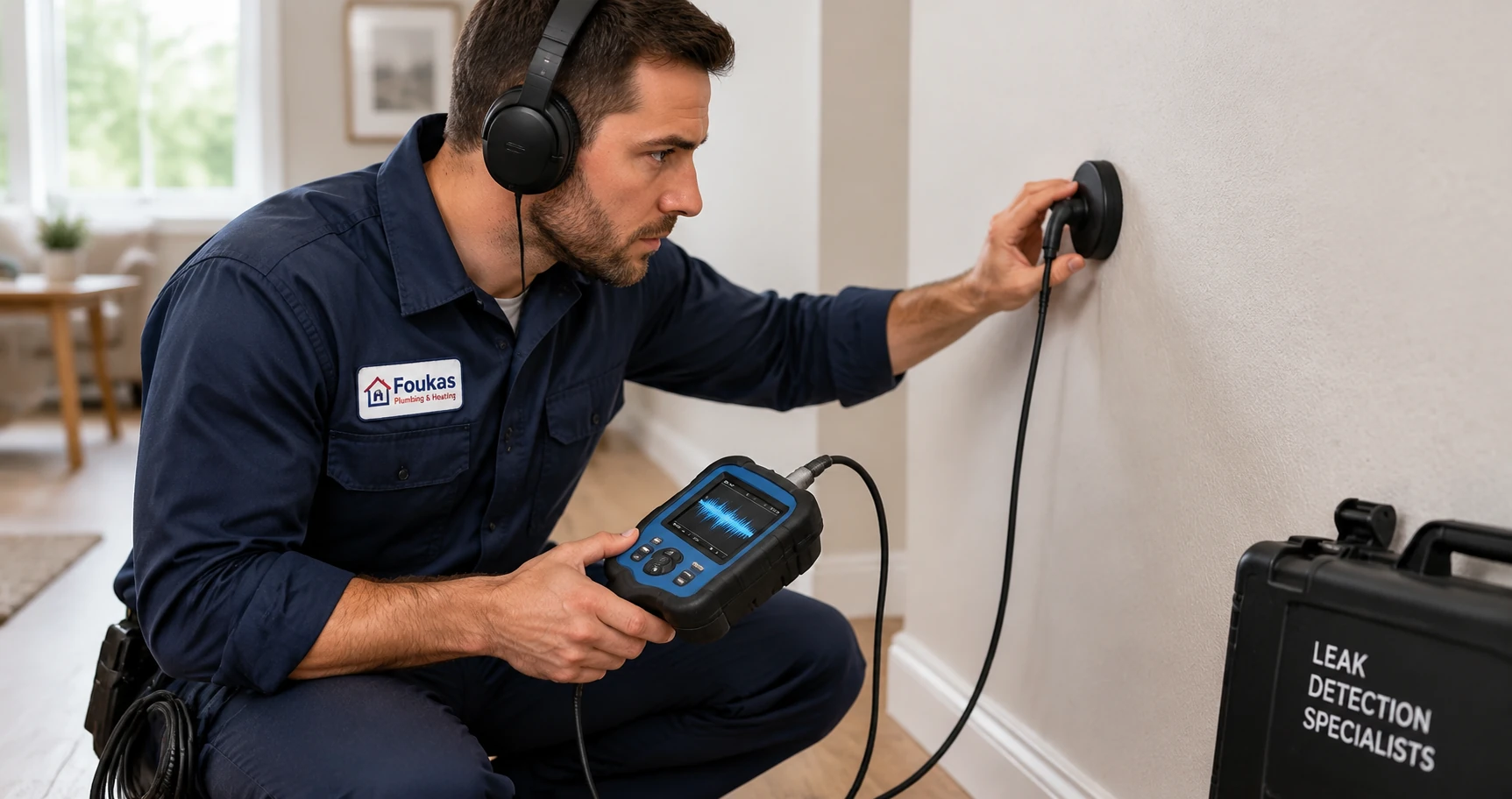 A plumbing technician using leak detection equipment to inspect a hidden pipe problem inside a home wall.