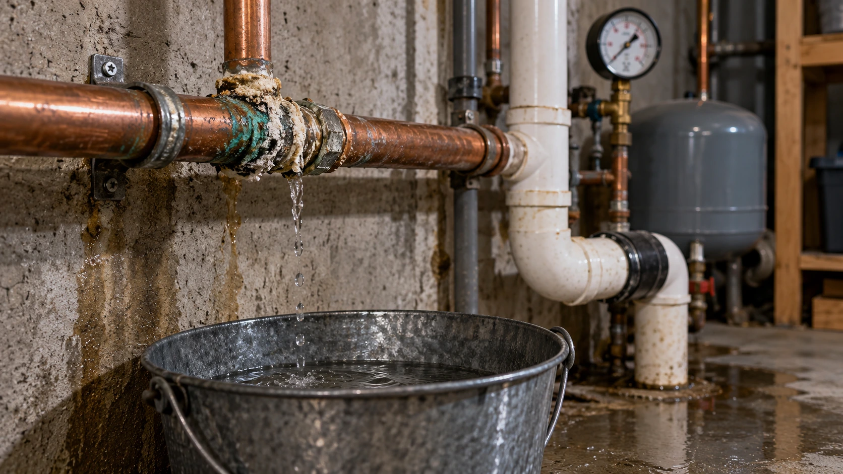 Leaking corroded copper pipe in a basement utility room with water dripping into a bucket