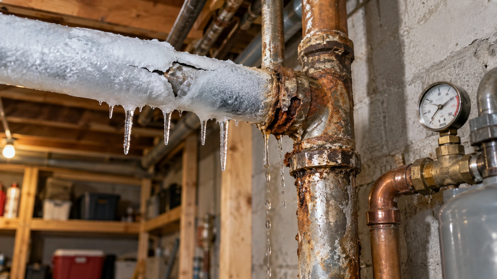 Frozen and corroded basement pipe showing common causes of a burst pipe