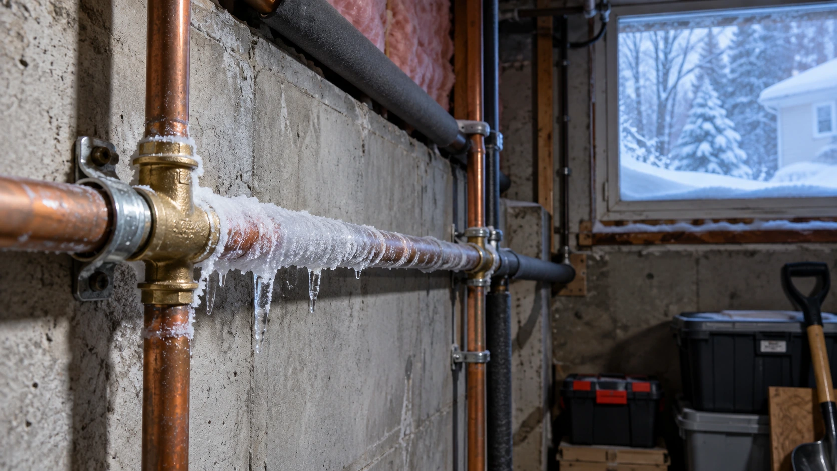 Frozen copper pipe covered with ice in a cold Massachusetts basement