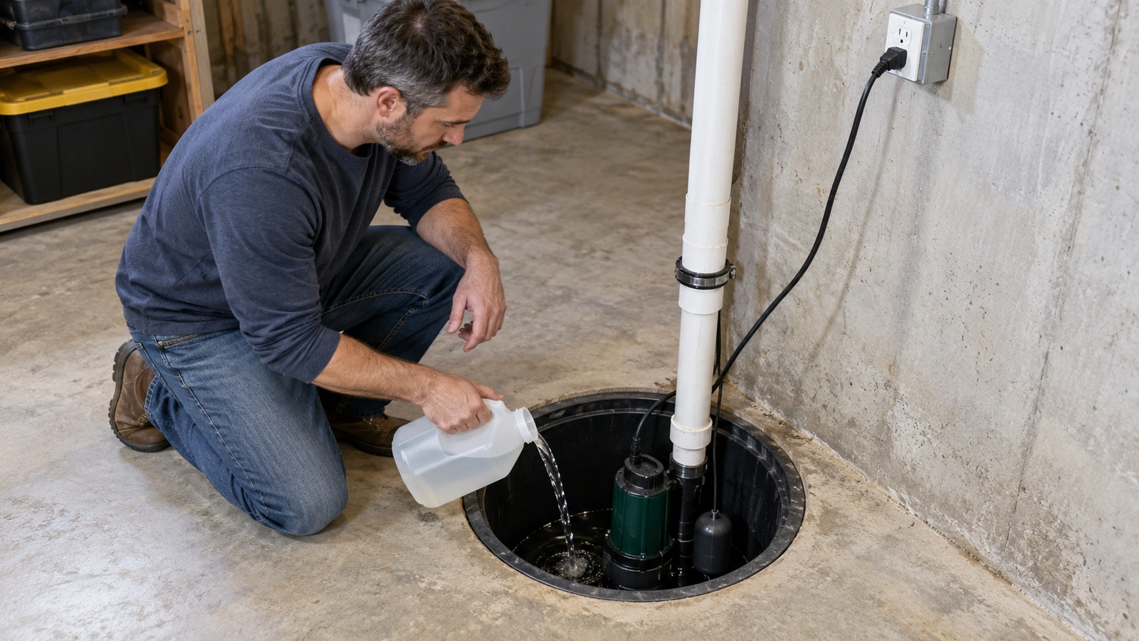 Technician pouring water into a sump basin while keeping hands outside the opening