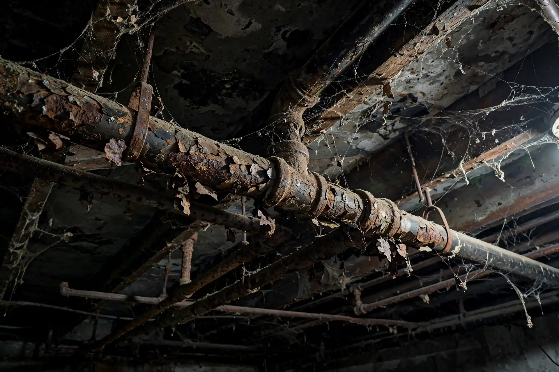 Aging cast iron drain pipes with rust and corrosion in a basement