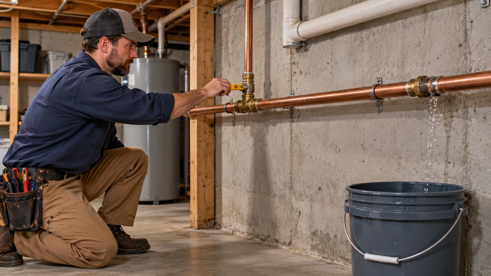 Plumber operating a water shutoff beside a leaking basement pipe