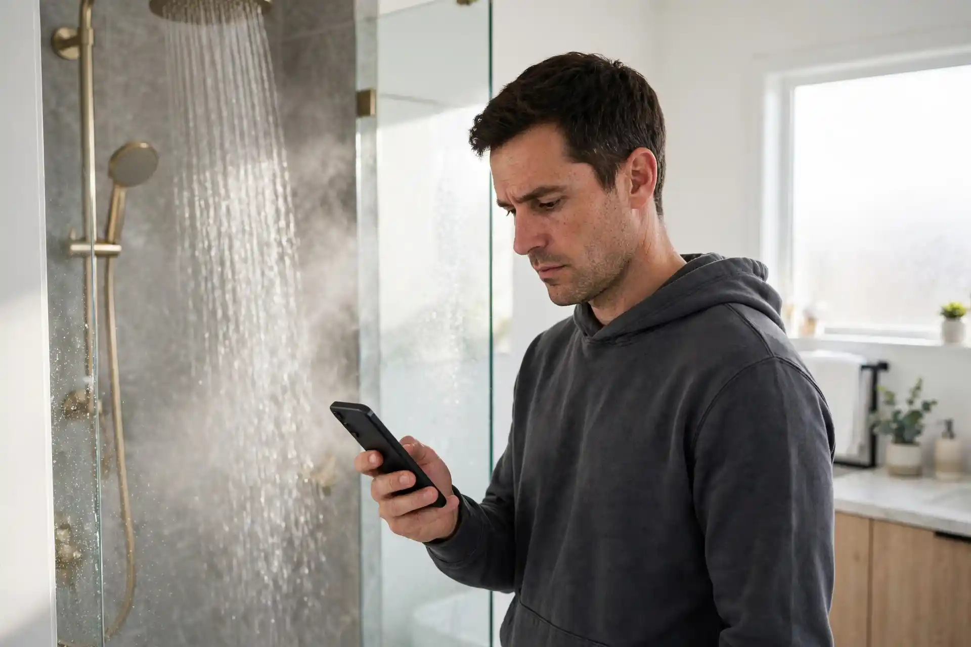 Homeowner checking a water leak alert on a smartphone in a bathroom