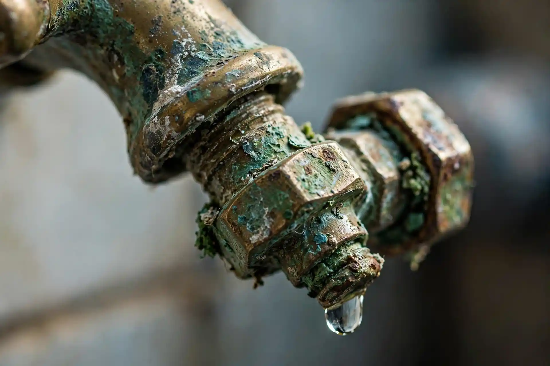 Old worn brass faucet and seized gate shutoff valve close-up