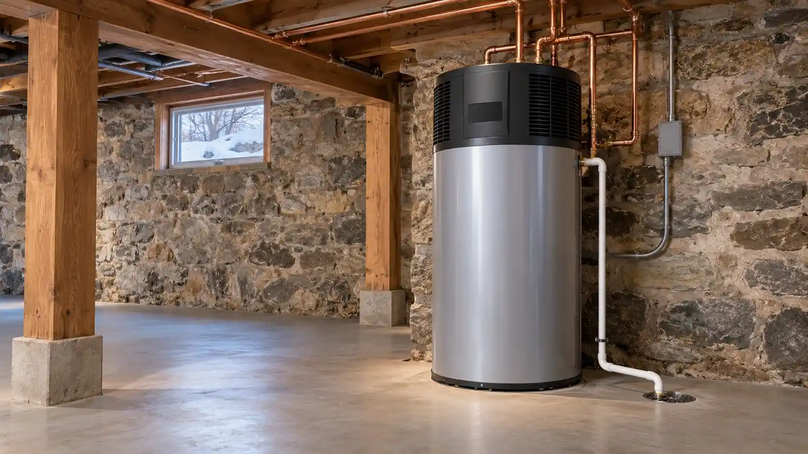 Heat pump water heater in a spacious stone-walled basement with snow visible outside