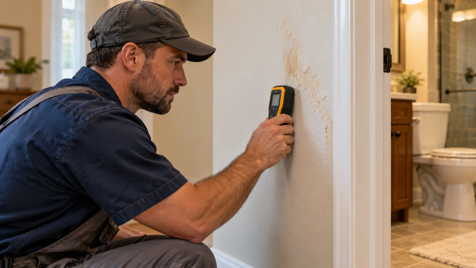 Plumber using a moisture meter on a stained wall near a bathroom