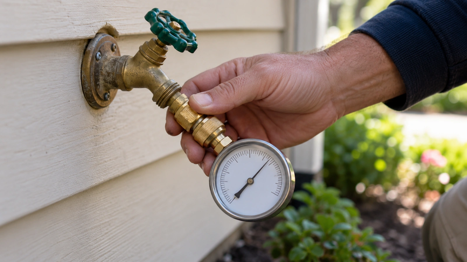 Hand holding a water pressure test gauge connected to an outdoor hose faucet
