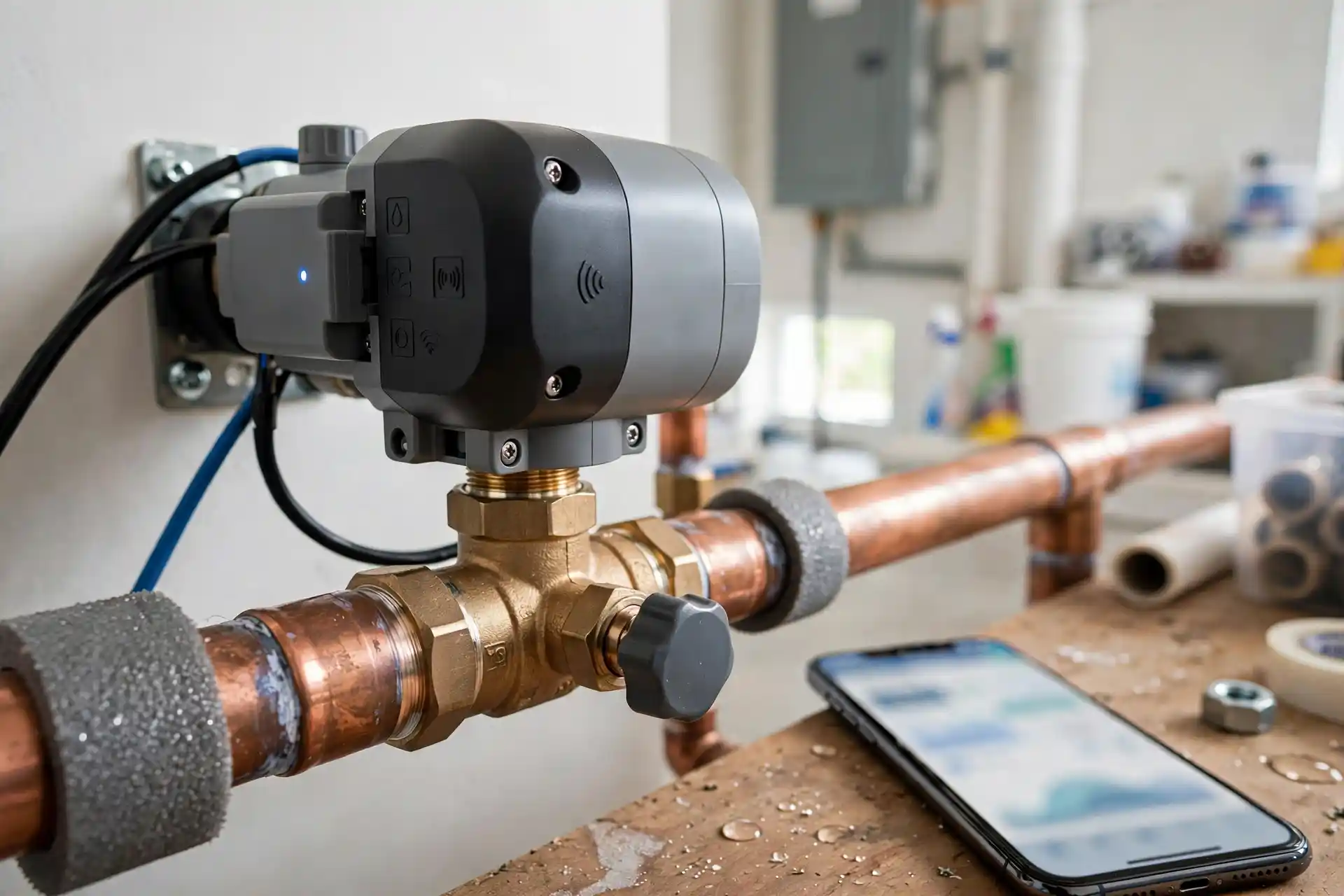 Smart water shut-off valve on main pipe with smartphone monitoring app