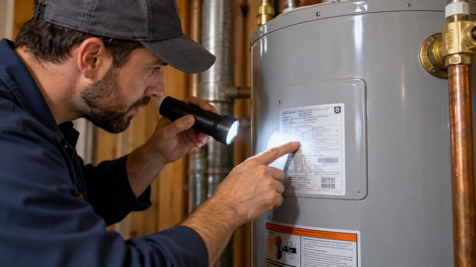 Technician checking the manufacturer label to identify water heater age