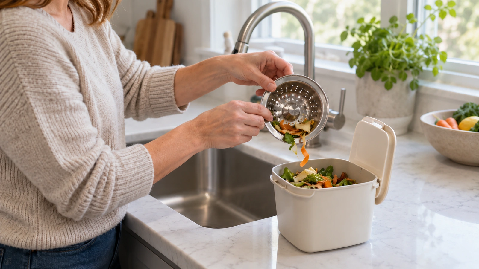 Homeowner emptying food scraps from a kitchen sink strainer into a compost container