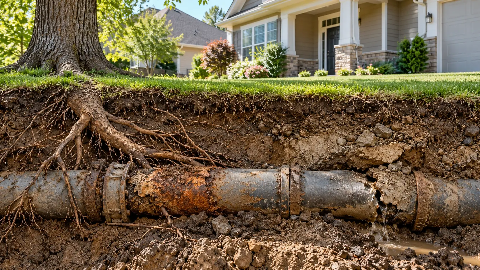 Damaged and corroded underground water pipe affected by tree roots and surrounding soil