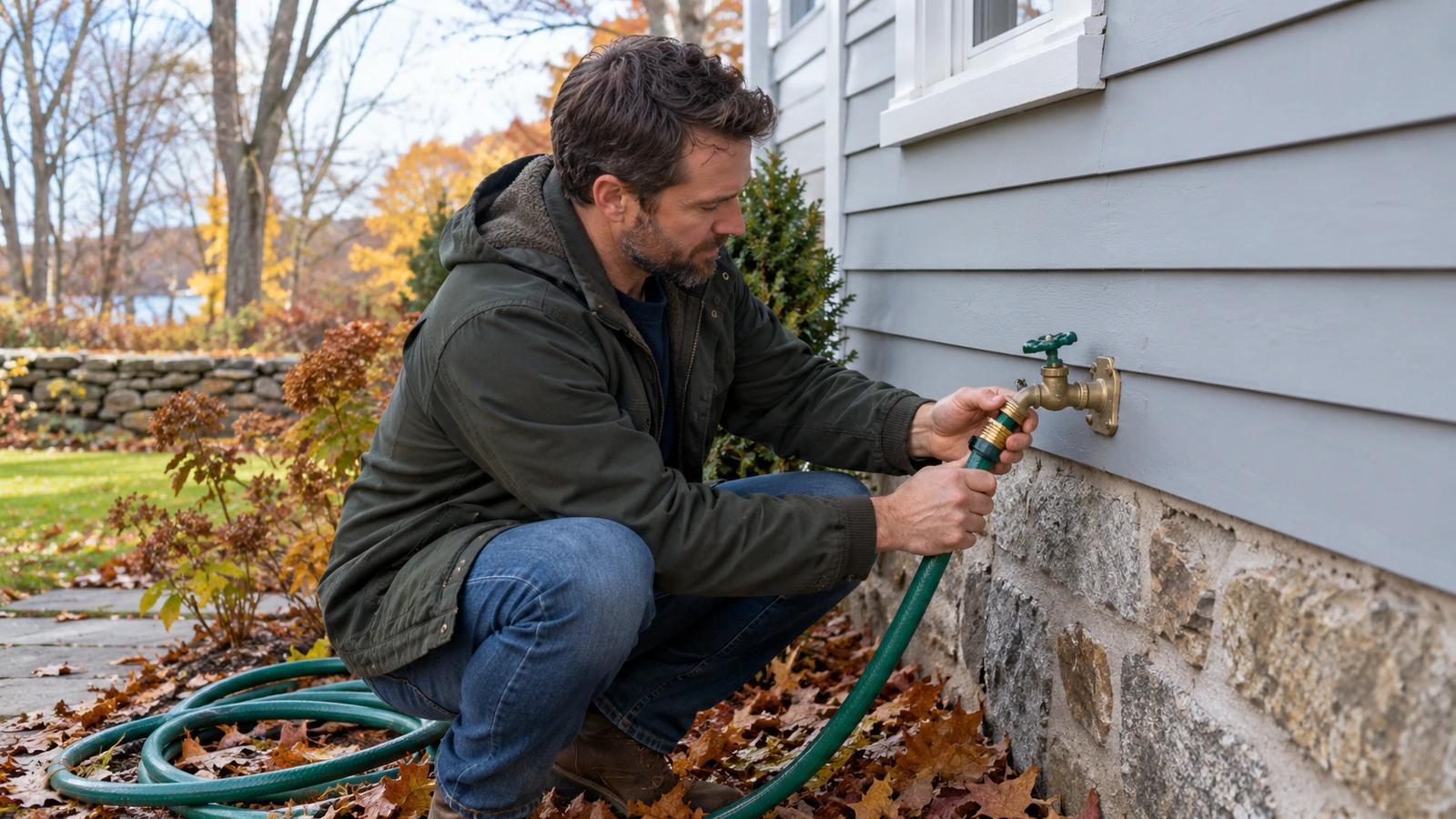 Homeowner disconnecting a garden hose from an outdoor faucet beside autumn leaves