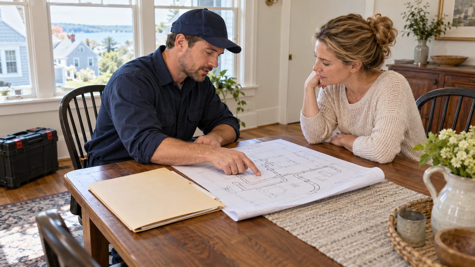 Plumber and homeowner reviewing a plumbing layout at a dining table