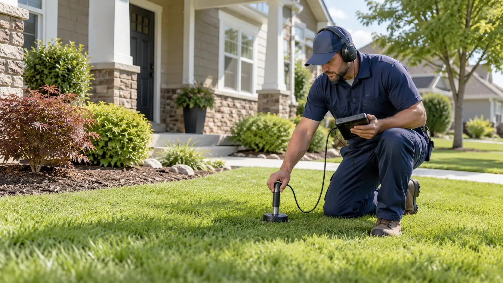 Plumber using electronic leak detection equipment on a residential lawn
