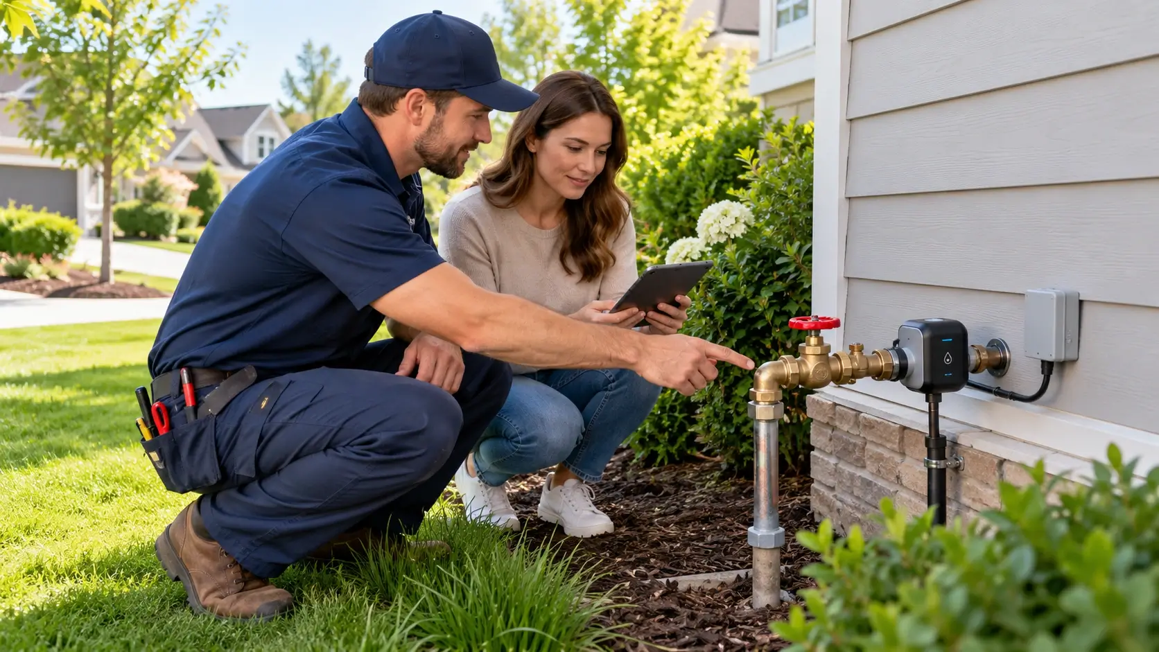 Plumber showing a homeowner a smart water monitoring device and shutoff valve
