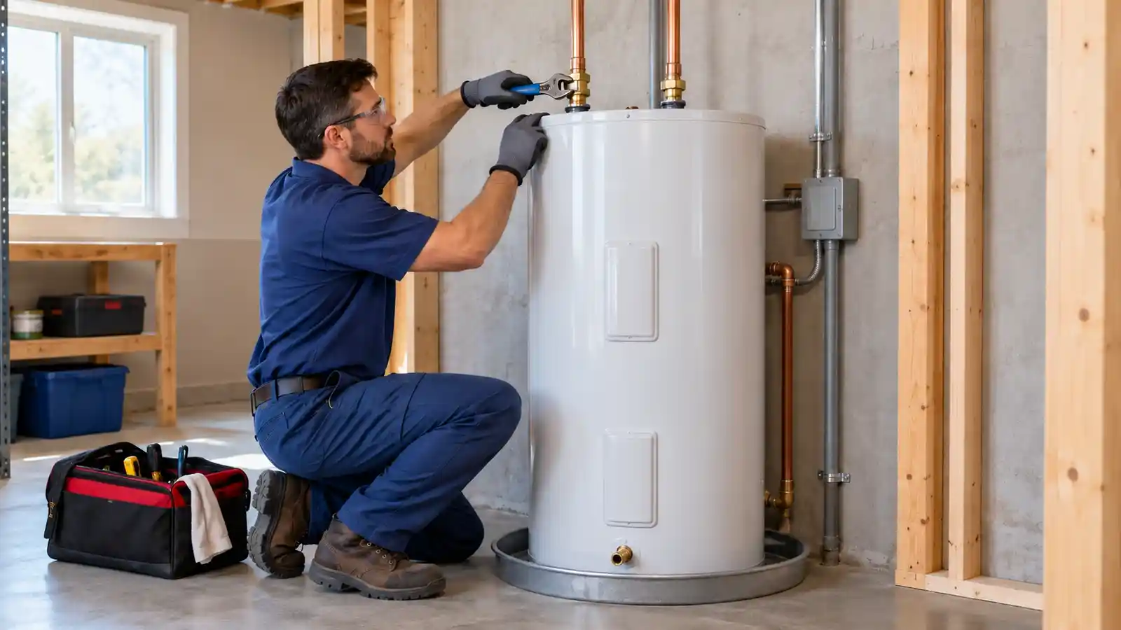 Plumber tightening an upper water connection on a new storage water heater