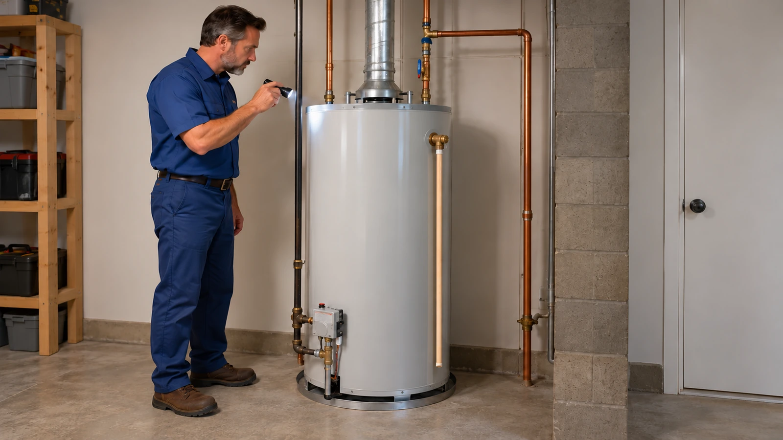 Technician inspecting a water heater and its connected pipes with a flashlight