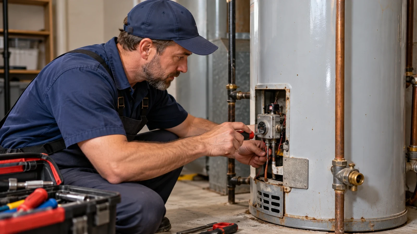 Technician repairing components inside an older water heater