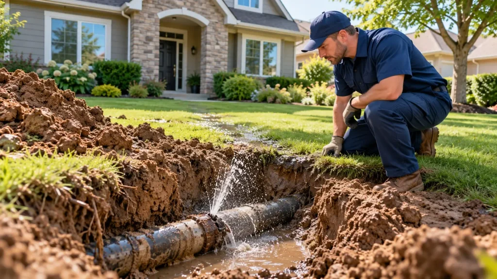 Plumber inspecting a leaking underground main water line outside a residential home