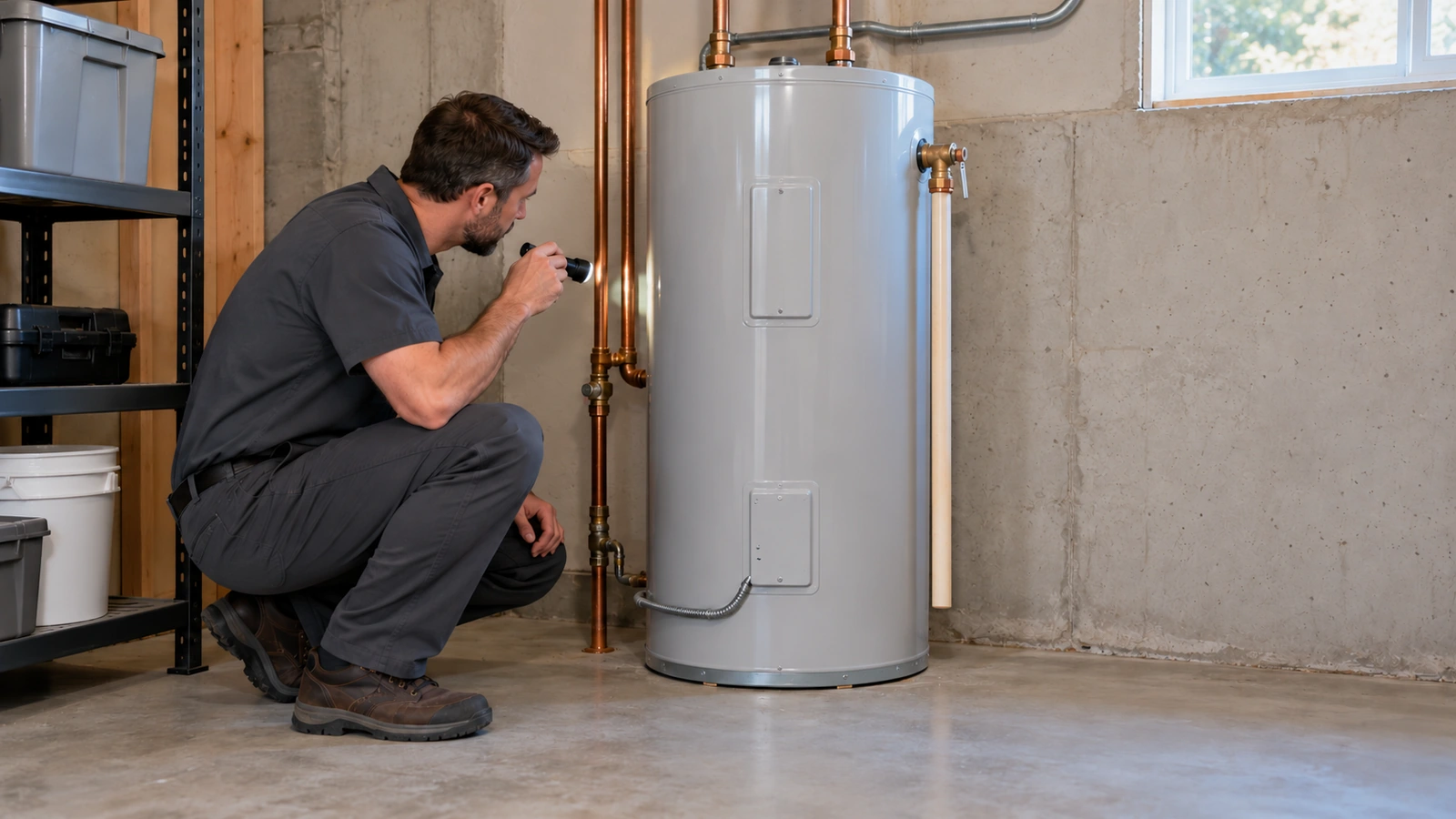 Technician inspecting pipe connections beside an electric storage water heater with a flashlight