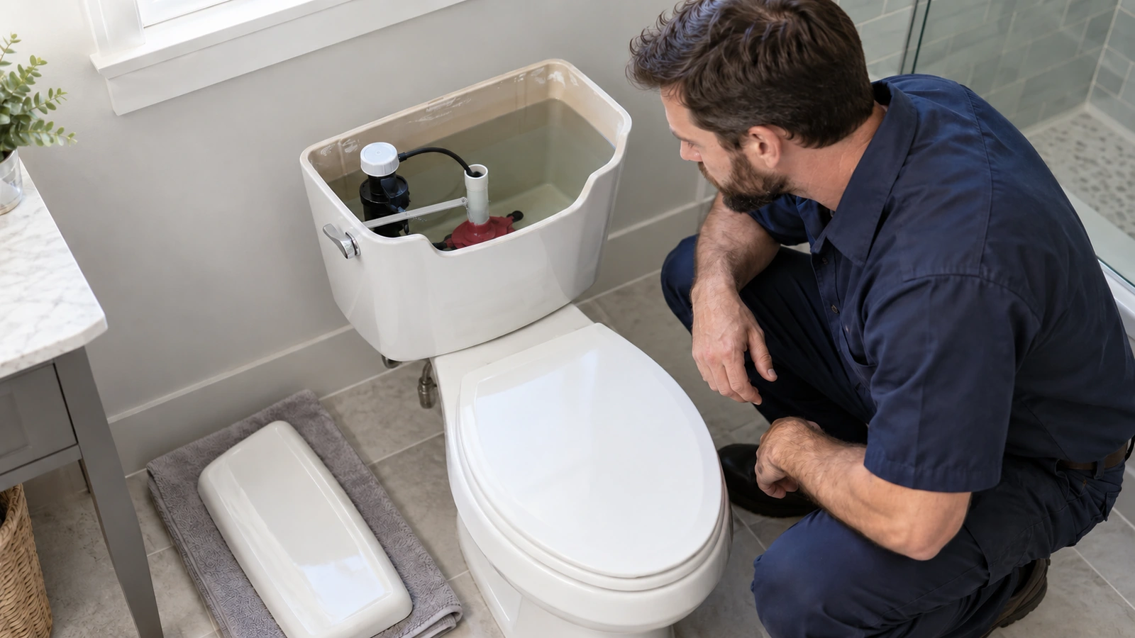 Plumber visually inspecting the fill valve and flush mechanism inside an open toilet tank