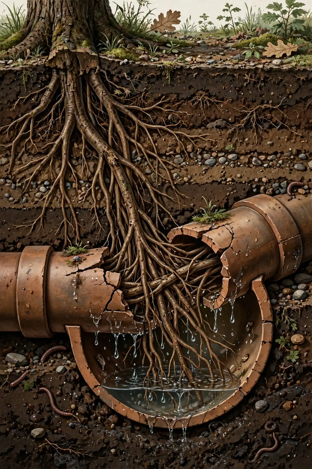 Tree roots invading the joint of an underground clay sewer pipe