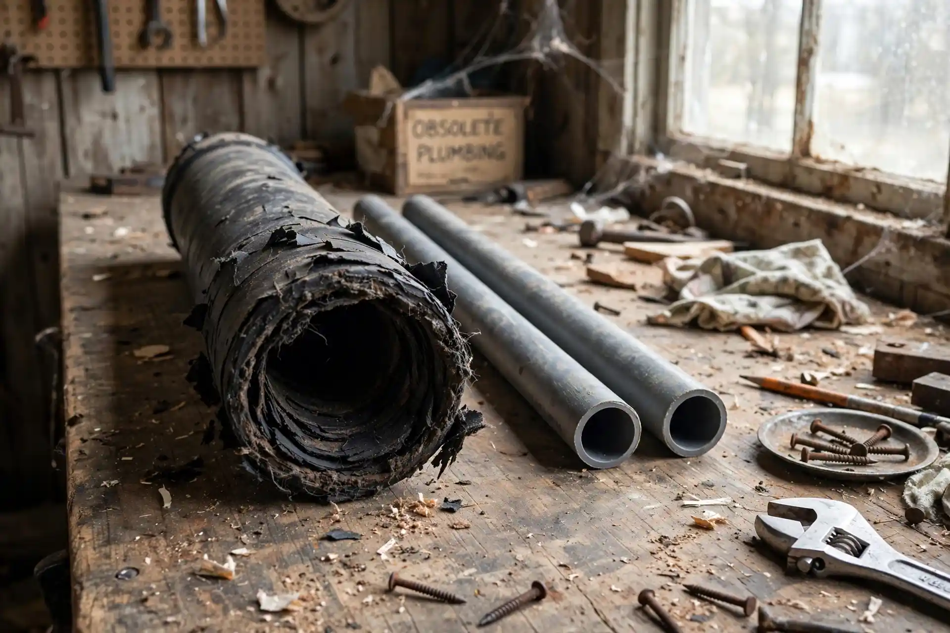 Orangeburg fiber pipe and gray polybutylene pipe on a workbench