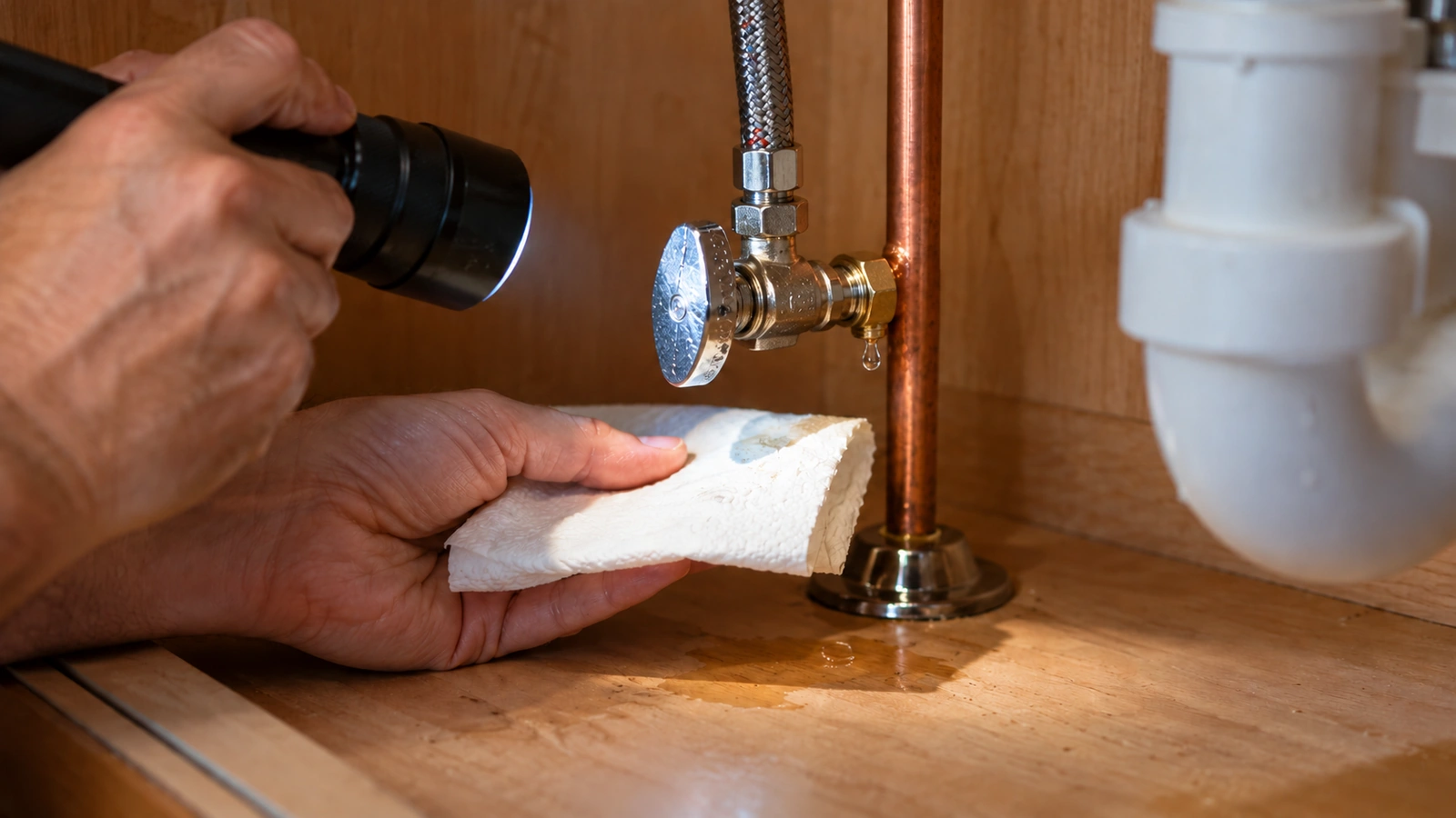 Hands using a flashlight and paper towel to inspect a dripping under-sink water connection