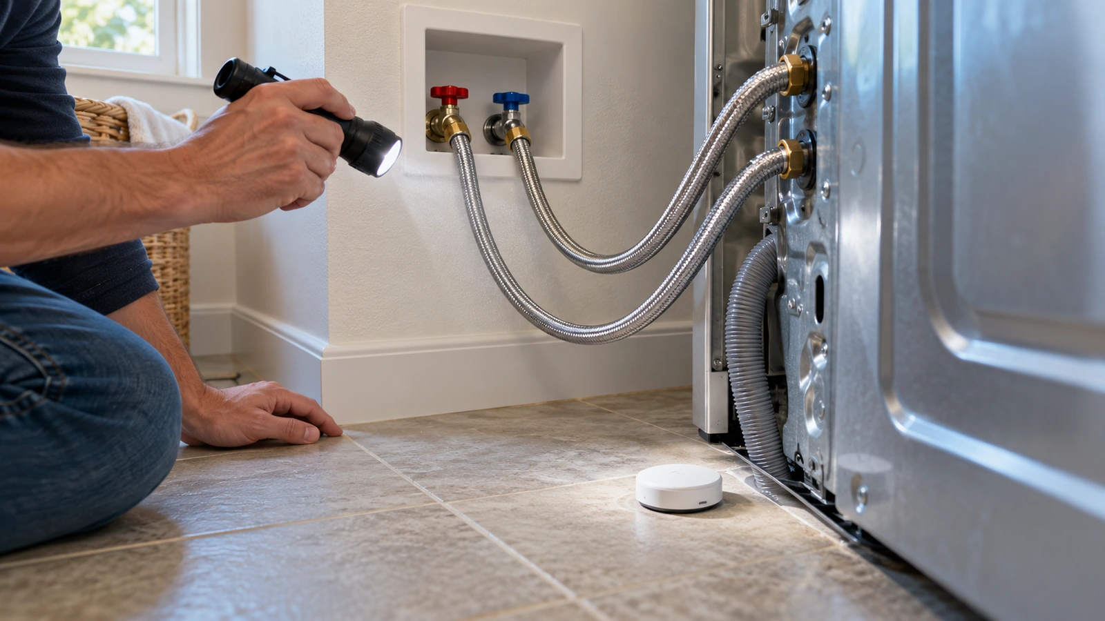 Homeowner checking washing machine supply hoses beside a floor-mounted water leak sensor