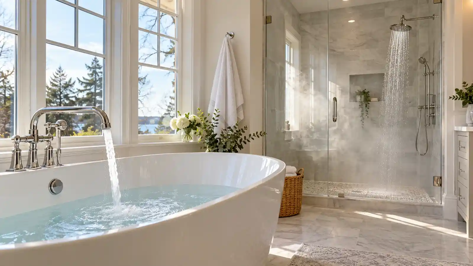 Bathtub filling while a separate shower runs in the same bathroom