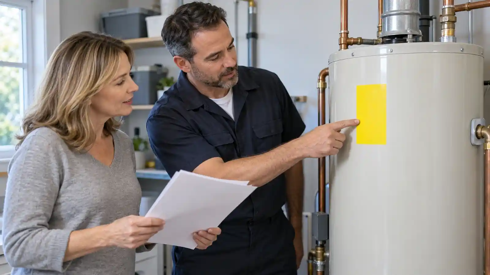 Plumber and homeowner reviewing a yellow efficiency-label area on a water heater
