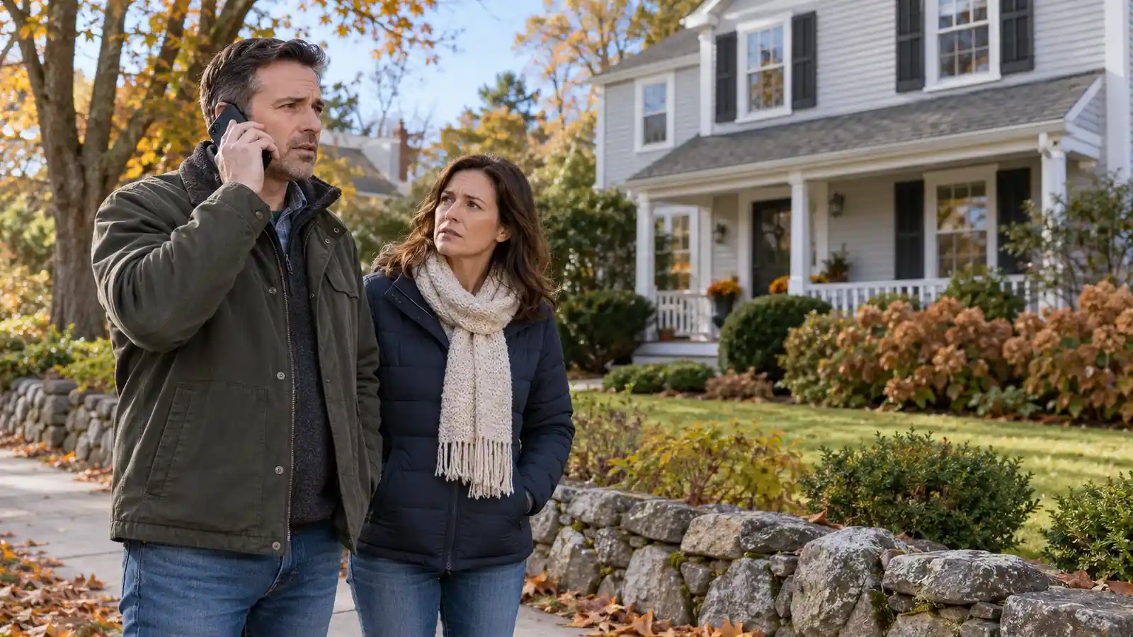 Homeowner making a phone call outside a house with another adult nearby