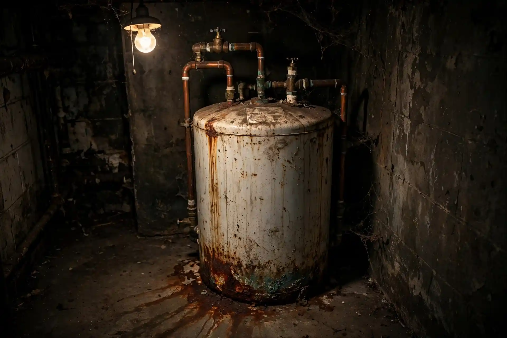 Old rusty tank water heater in a basement with corrosion at base