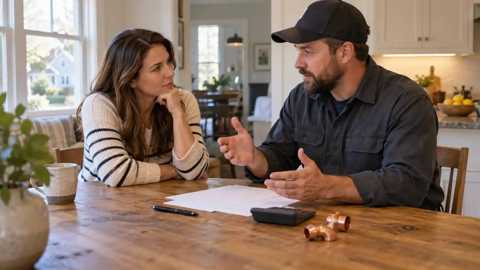 Homeowner discussing a water heater estimate with a contractor at a kitchen table