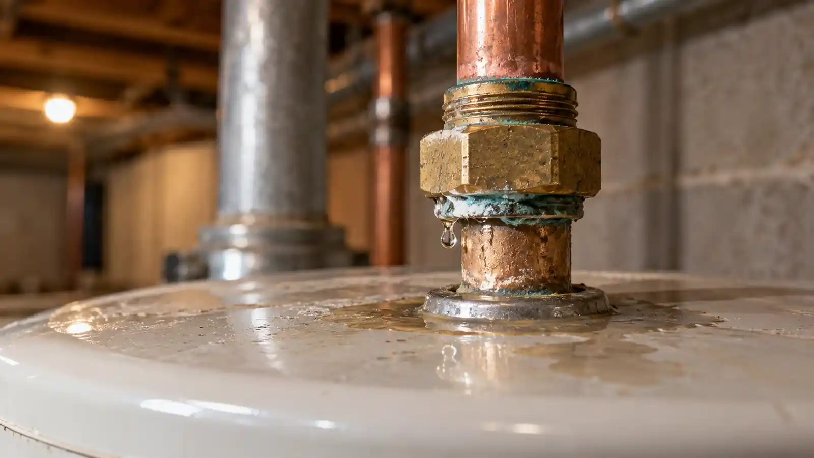 Water droplet and corrosion around a water heater’s copper and brass inlet connection
