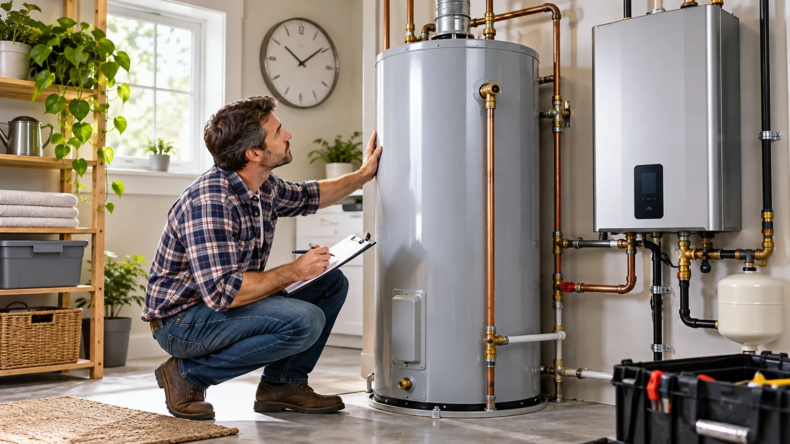 Homeowner inspecting a residential water heater system to assess its lifespan